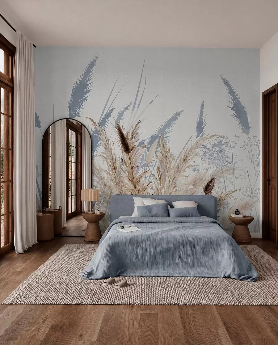 wall murals Tall stalks of wheat and grass with fluffy white plumes against a light background w08282