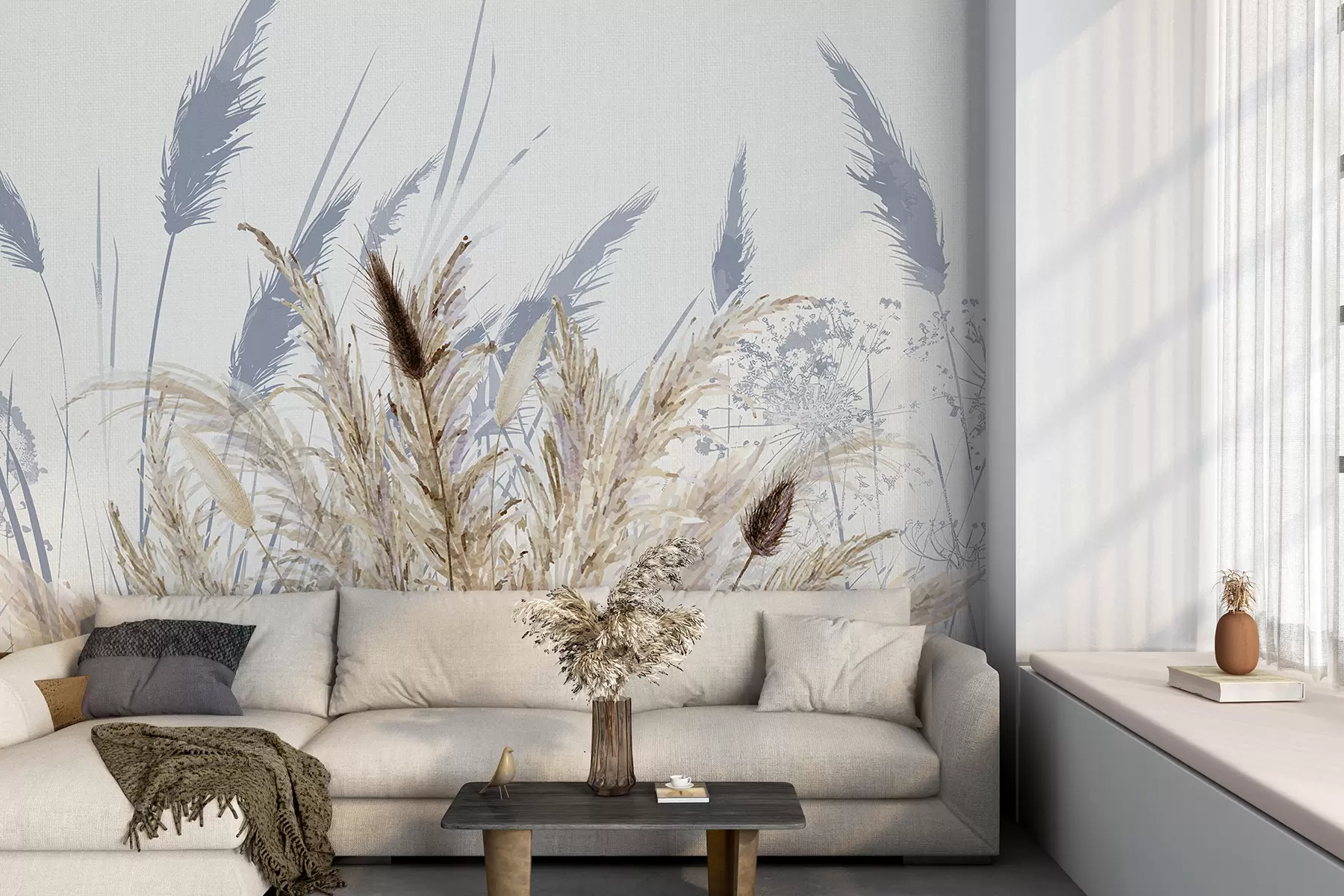 peintures murales Hautes tiges de blé et d'herbe avec des plumes blanches duveteuses sur un fond clair w08282