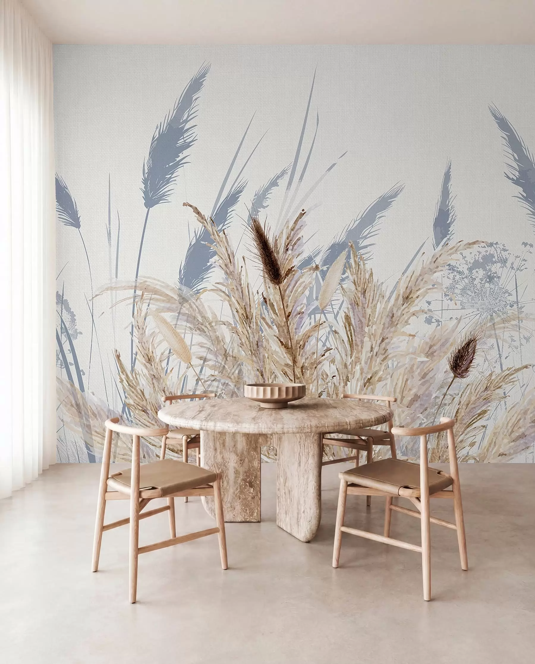 wall murals Tall stalks of wheat and grass with fluffy white plumes against a light background w08282