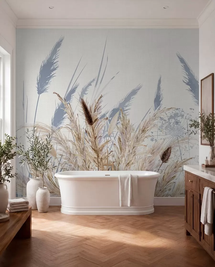 wall murals Tall stalks of wheat and grass with fluffy white plumes against a light background w08282