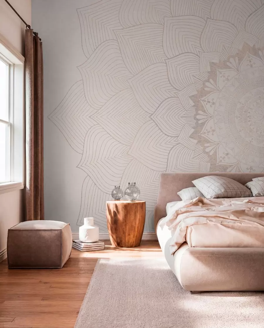 wall murals Round mandala, wallpaper for yoga space or to harmonize personal space. Wall mandala in warm pastel colors on a textured irregular background w01088