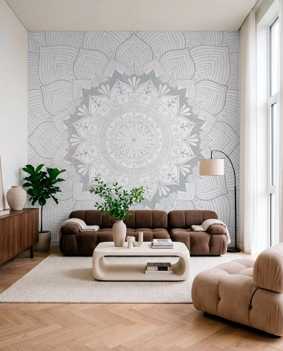 wall murals Round mandala, wallpaper for yoga space or to harmonize personal space. Wall mandala in gray shades on a textured heterogeneous background w01088v2