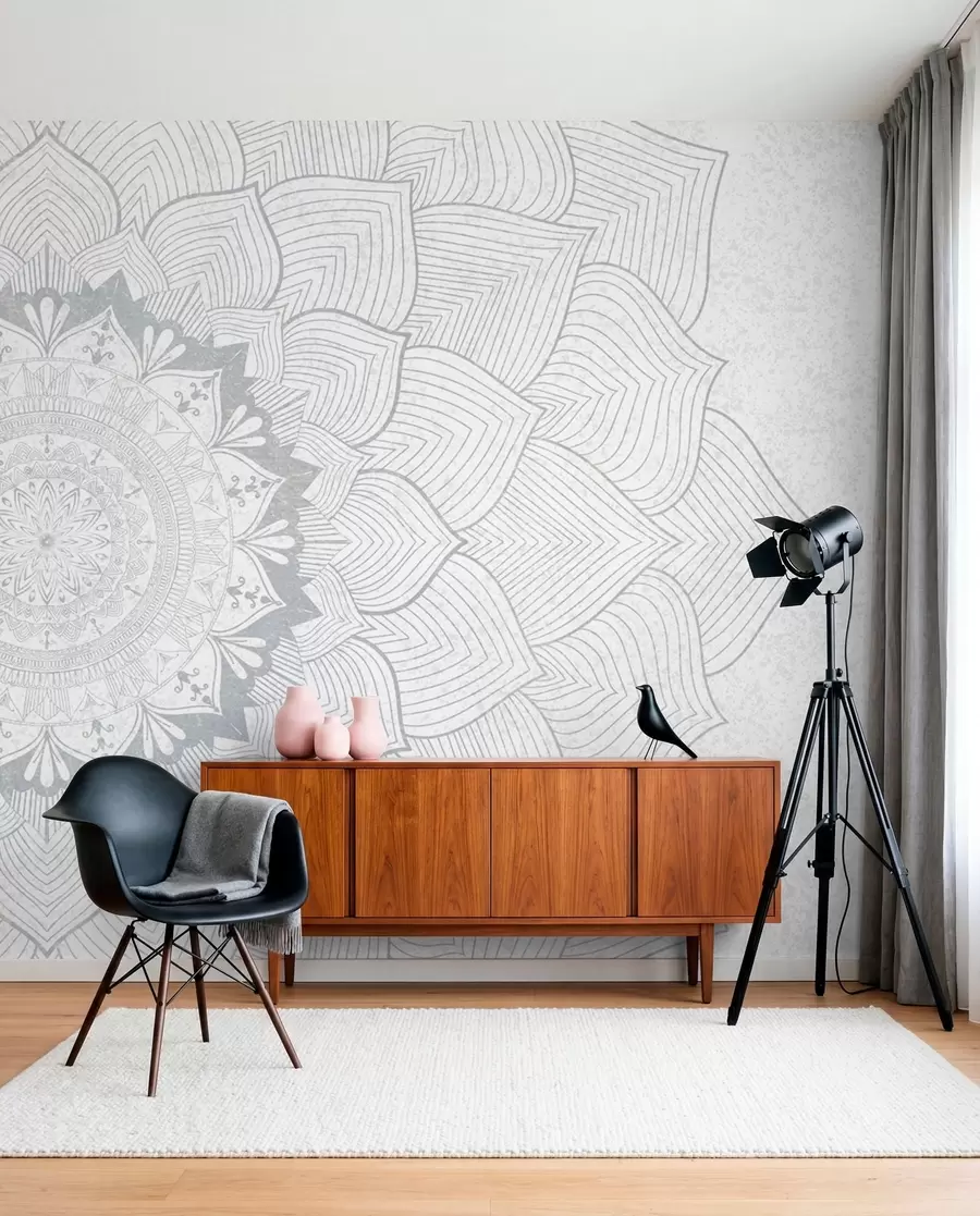 wall murals Round mandala, wallpaper for yoga space or to harmonize personal space. Wall mandala in gray shades on a textured heterogeneous background w01088v2