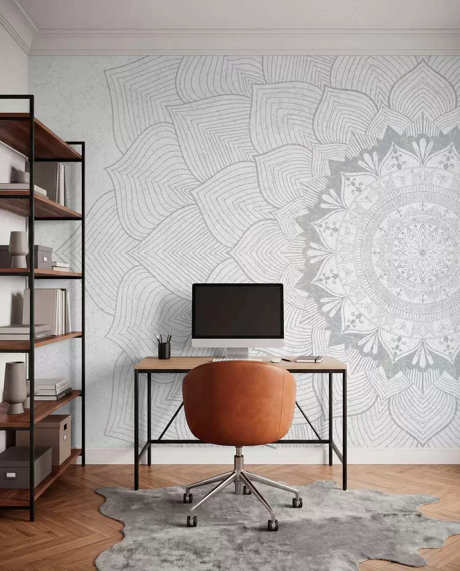 wall murals Round mandala, wallpaper for yoga space or to harmonize personal space. Wall mandala in gray shades on a textured heterogeneous background w01088v2
