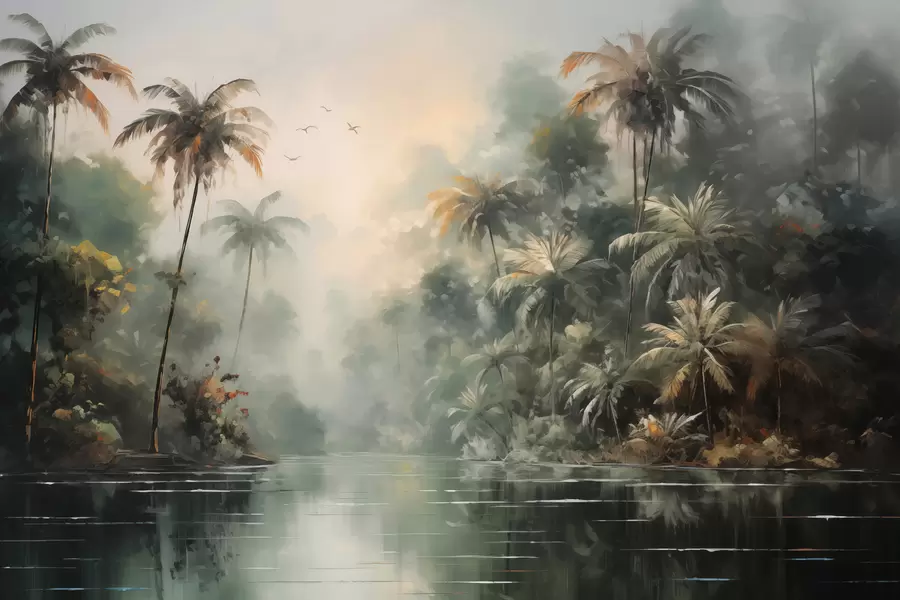 Wall Mural Photo Wallpaper Jungle by the pond, palm trees, vegetation w01613