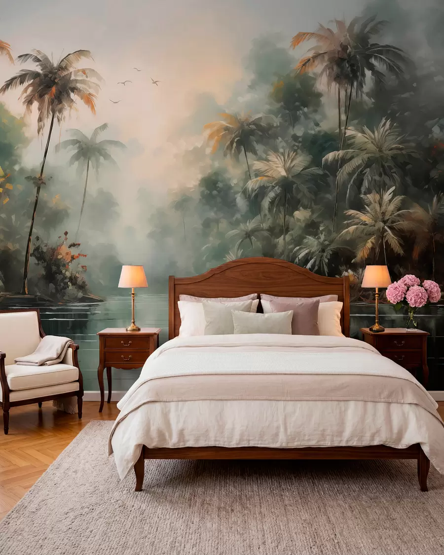 Wall Mural Photo Wallpaper Jungle by the pond, palm trees, vegetation w01613