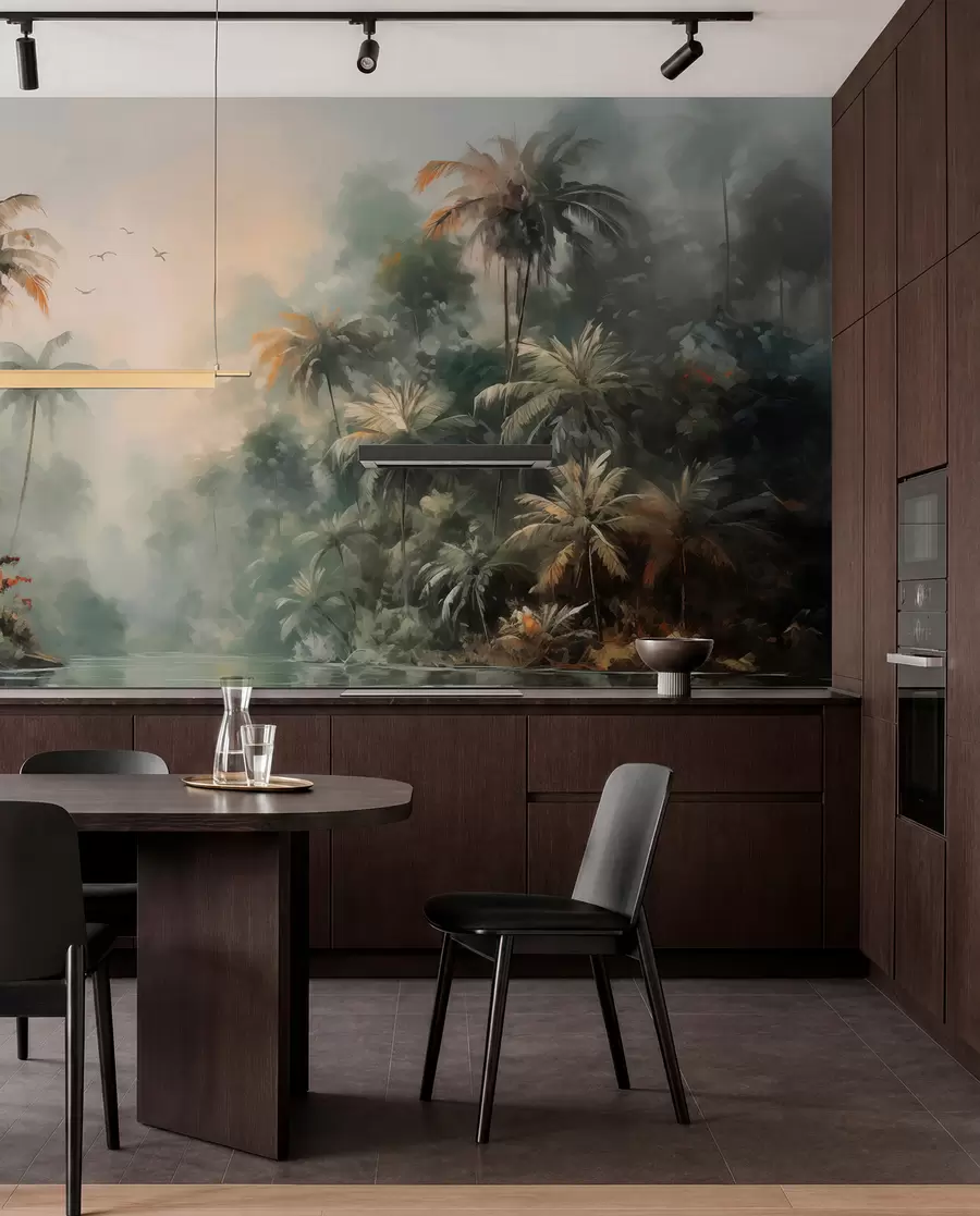 wall murals Jungle by the pond, palm trees, vegetation w01613