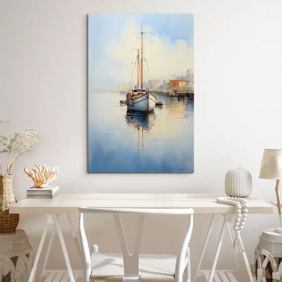 wall murals Fishing boat at the pier on the sea wet watercolor s40688