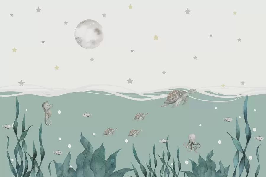 Wall Mural Photo Wallpaper Sea motif with turtles, seahorse, fish and full moon w01521