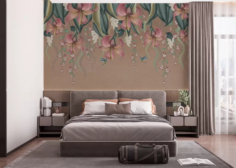 Wall Mural Photo Wallpaper Delicate botanical motif with hanging lilies, flowers and hummingbirds on a grunge wall w01523