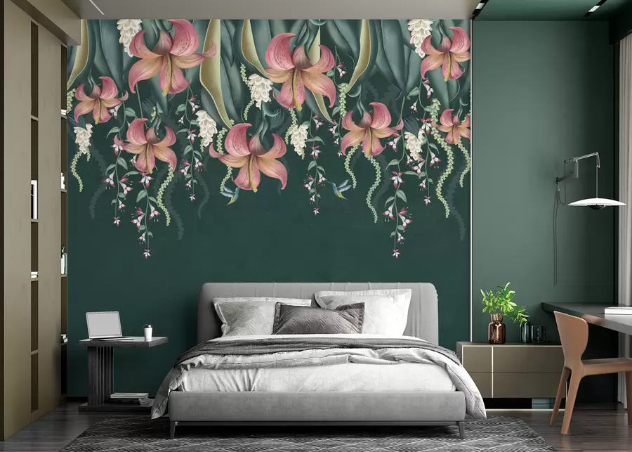 murales Delicado motivo botánico con lirios colgantes, flores y colibríes sobre una pared verde grunge w01523v3
