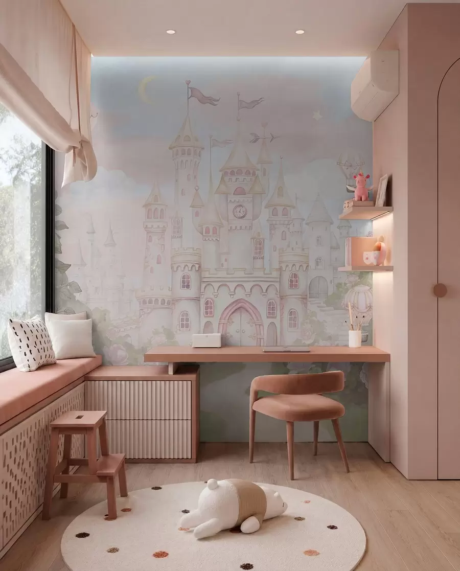 peintures murales Château magique avec de grandes fleurs et des arbres w01524
