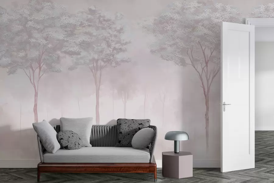 peintures murales Silhouette de forêt brumeuse en rose tendre w01599v1