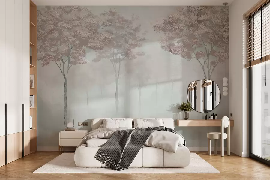 Wall Mural Photo Wallpaper Misty forest silhouette in pink and gray colors w01599v4