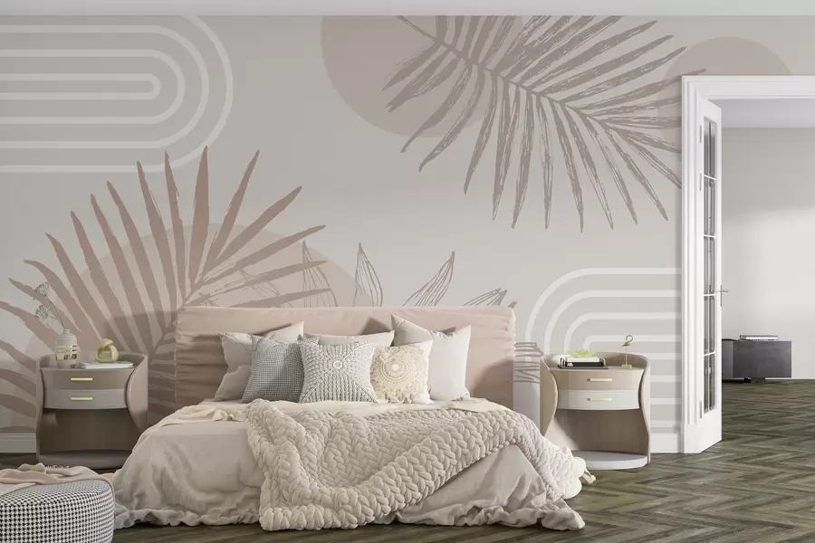 murais de parede Papel de parede geométrico com folhas de palmeira em estilo boho w01601