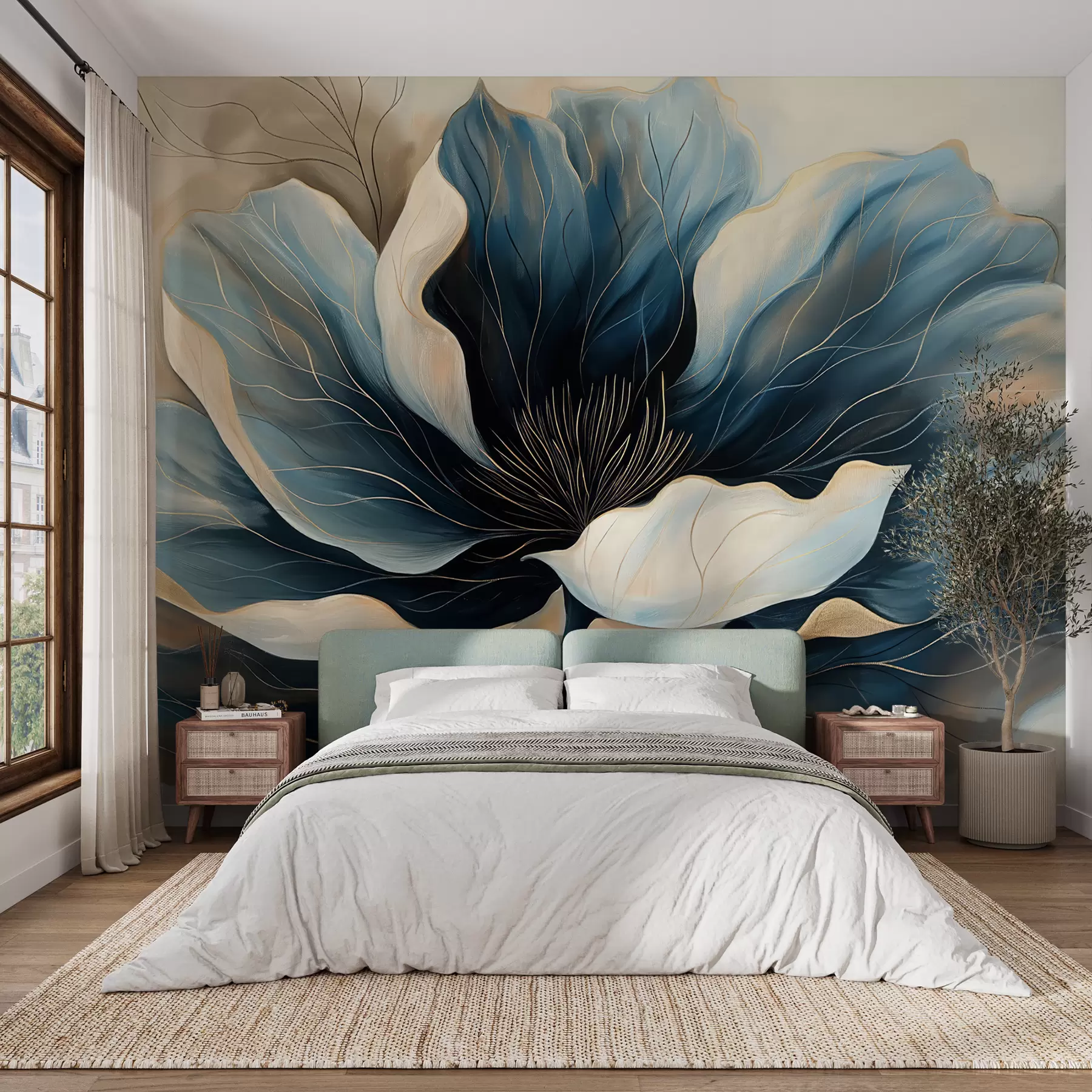 murales Flor grande y elegante con pétalos azul oscuro y blanco que fluyen profundamente w01538