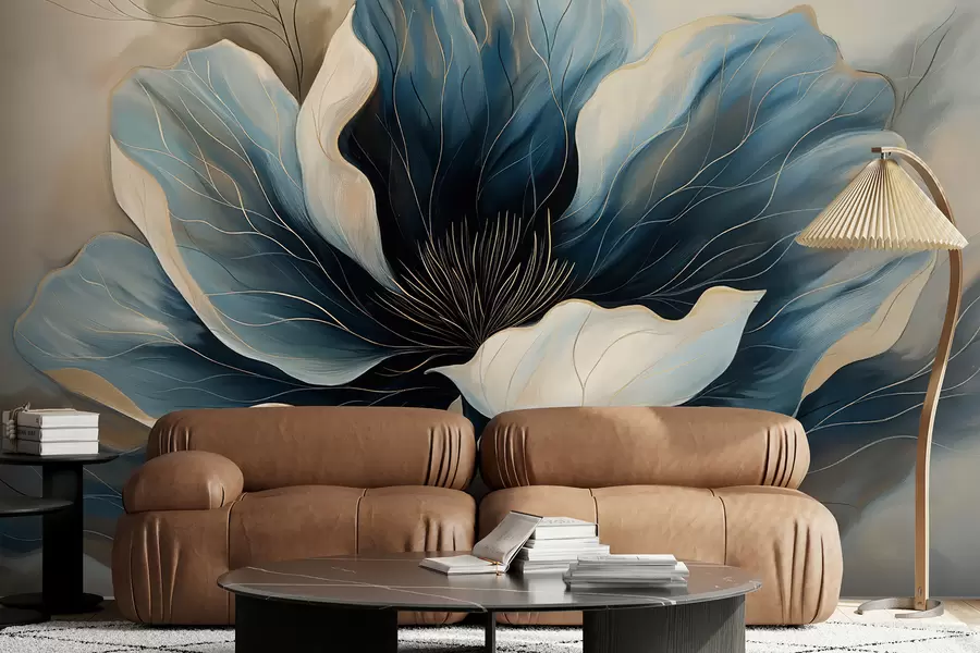 peintures murales Grande fleur élégante avec des pétales bleu foncé et blancs très fluides w01538