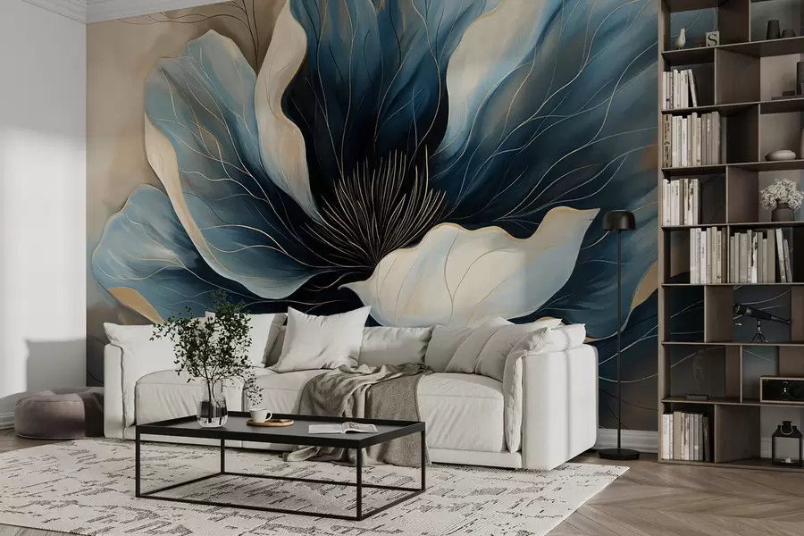 murales Flor grande y elegante con pétalos azul oscuro y blanco que fluyen profundamente w01538