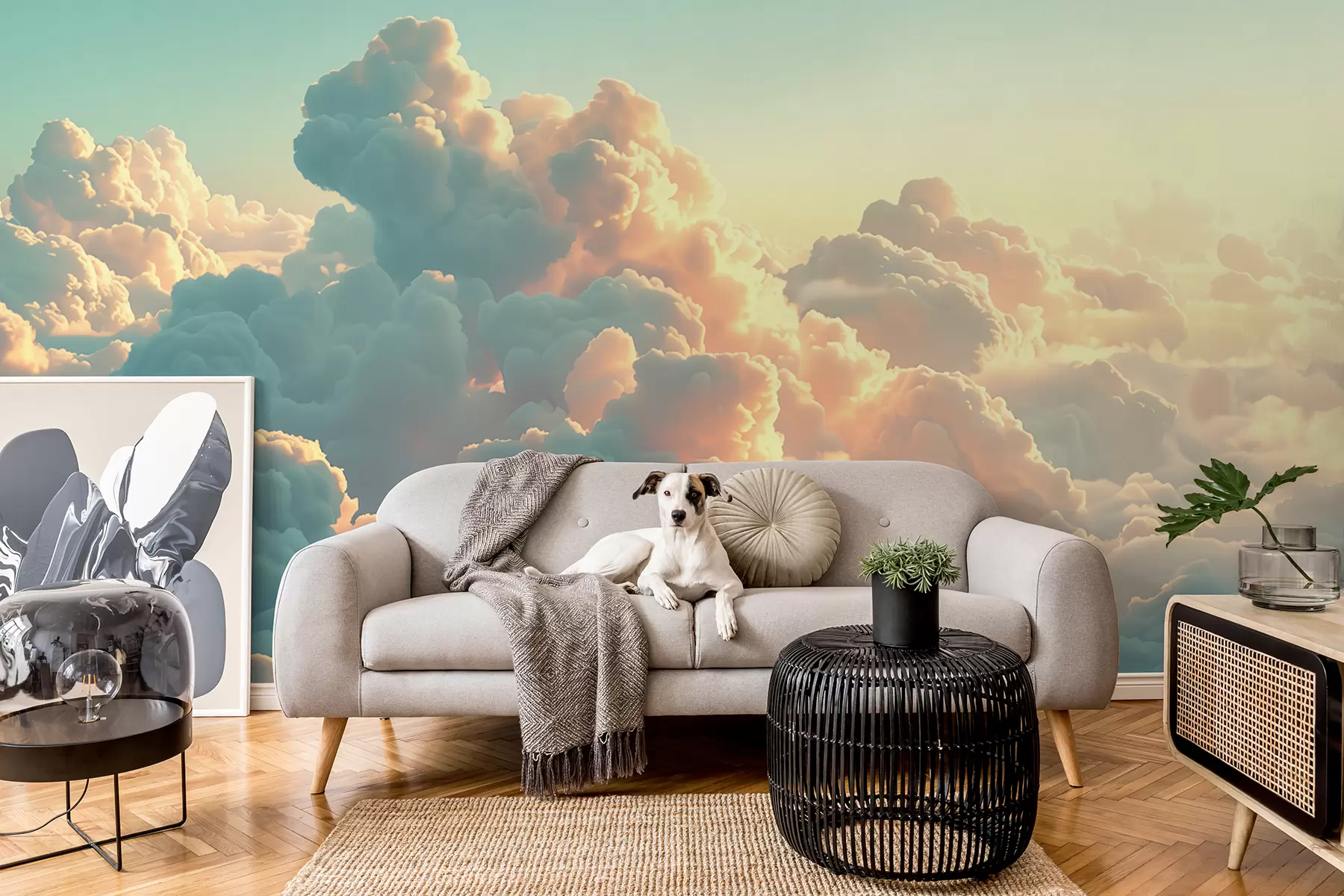 murais de parede Céu brilhante com muitas nuvens de cores claras w01543