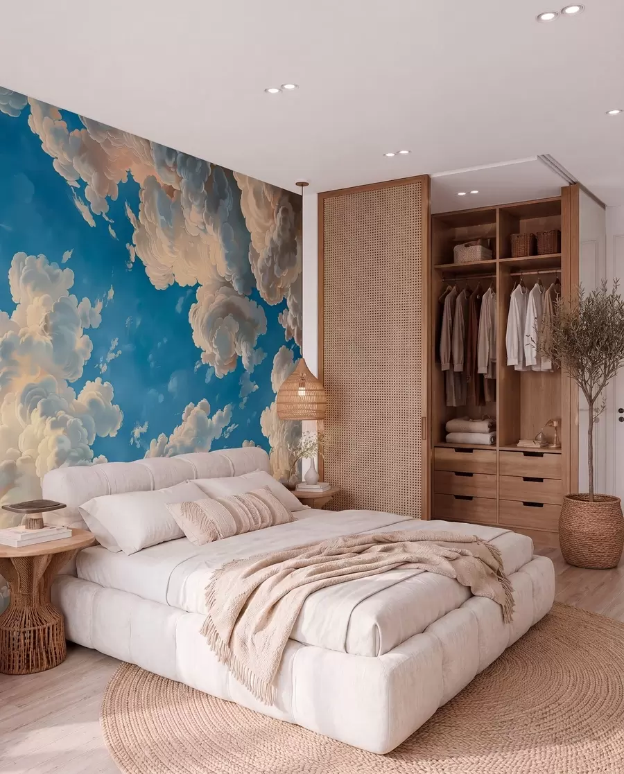 Wall Mural Photo Wallpaper Billowing clouds in warm tones of cream, soft peach, set against a deep, vibrant blue sky w01583