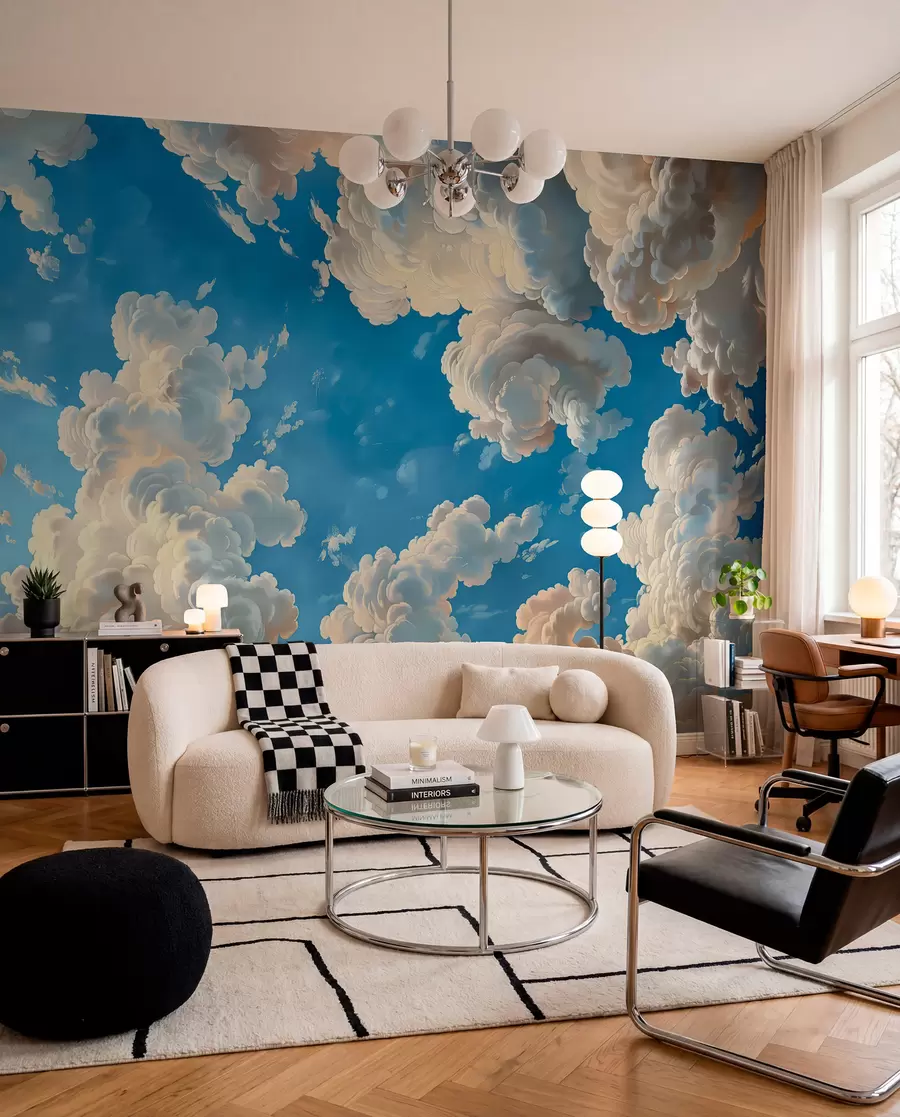 Wall Mural Photo Wallpaper Billowing clouds in warm tones of cream, soft peach, set against a deep, vibrant blue sky w01583