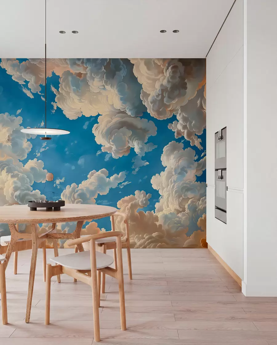 wall murals Billowing clouds in warm tones of cream, soft peach, set against a deep, vibrant blue sky w01583
