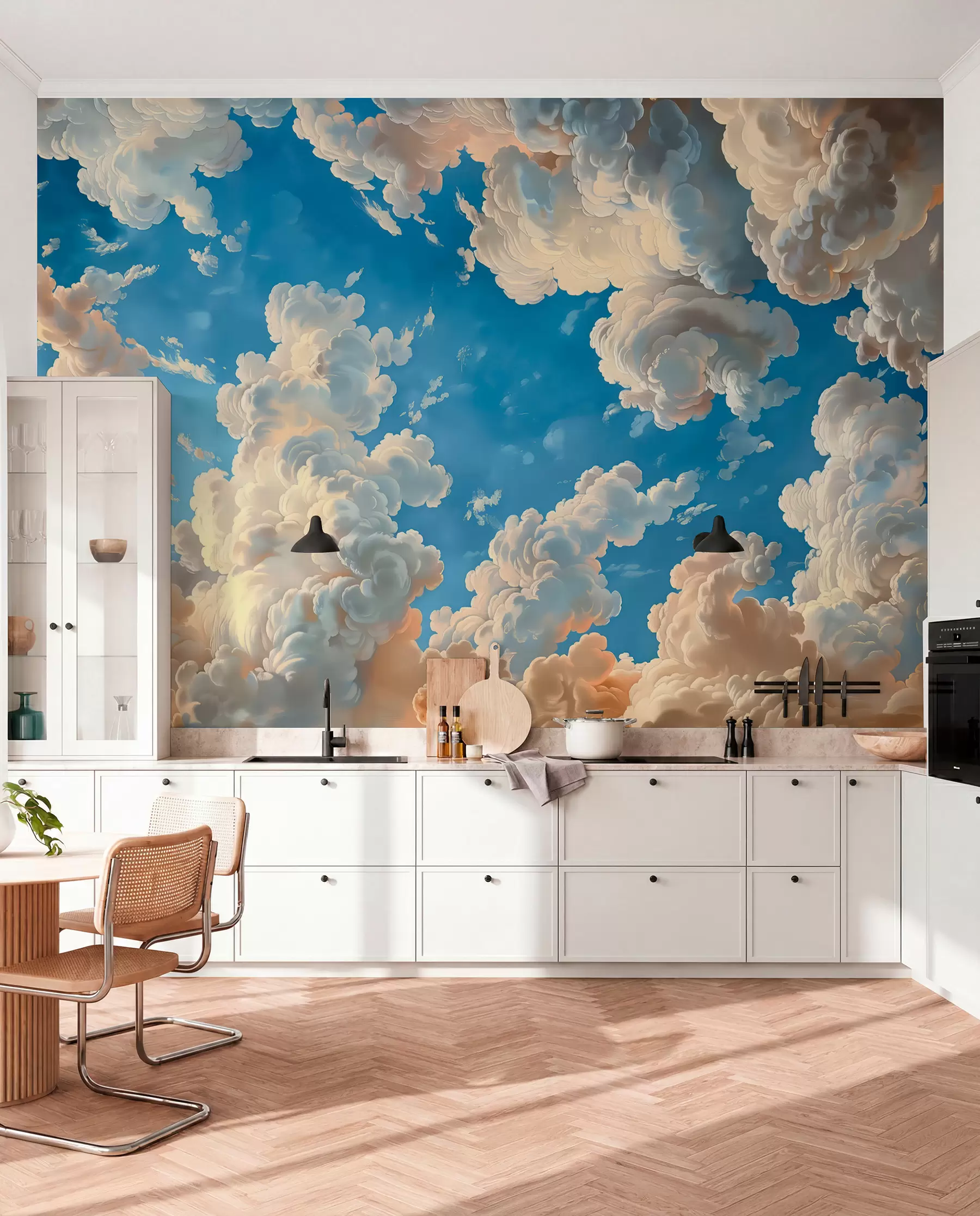 wall murals Billowing clouds in warm tones of cream, soft peach, set against a deep, vibrant blue sky w01583