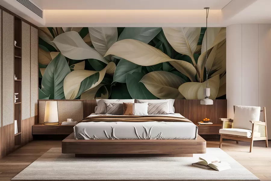 murales Grandes hojas tropicales en colores verde y beige w01587v1