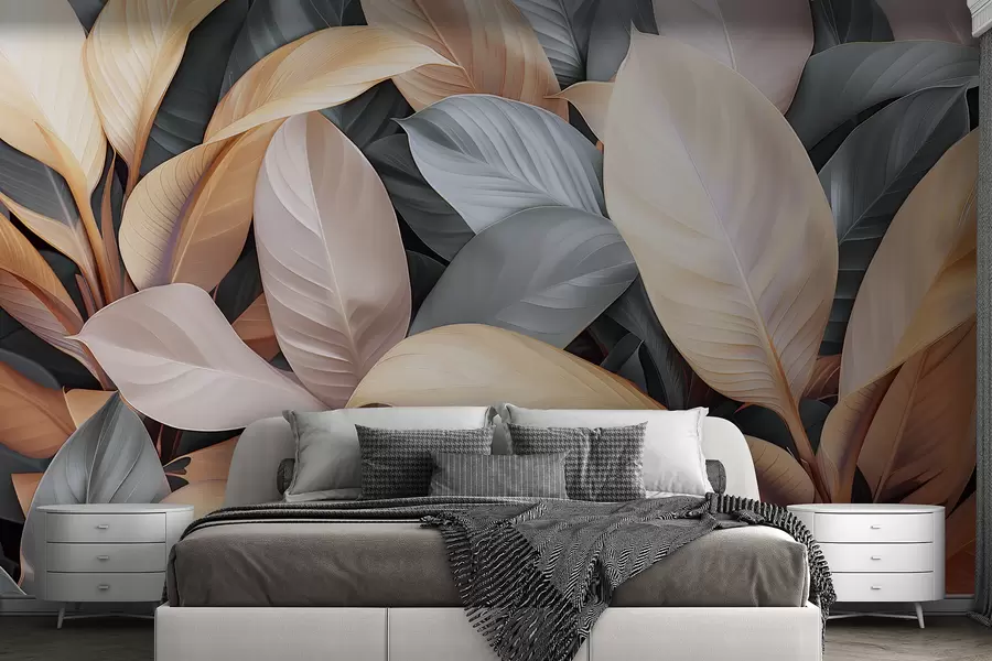 Wall Mural Photo Wallpaper Large tropical leaves in blue and beige colors w01587v2