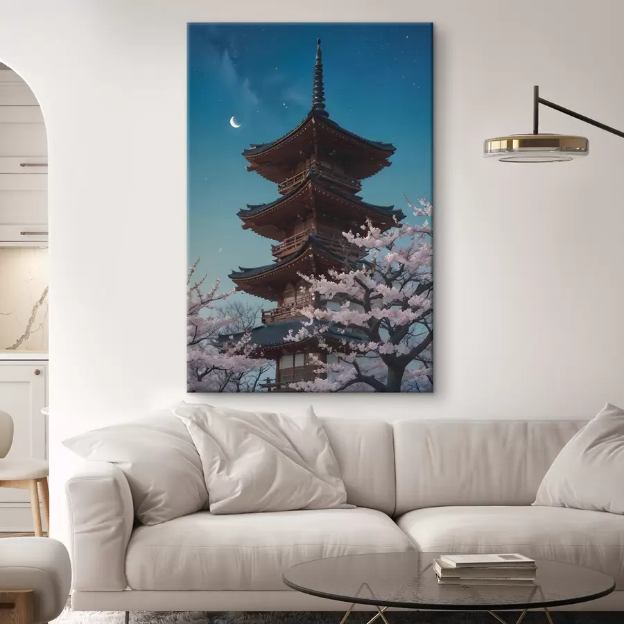 murales Una pagoda tradicional japonesa con una luna creciente en el cielo y cerezos en flor s40586