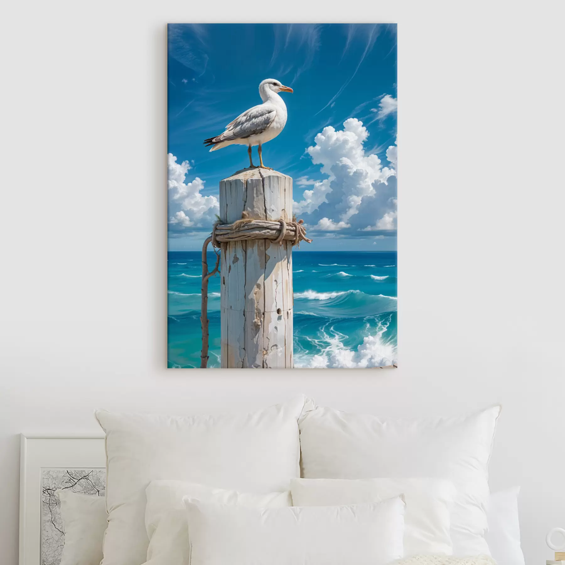 murales Una gaviota blanca posada en un poste de madera contra un cielo azul brillante y un océano con olas s40590