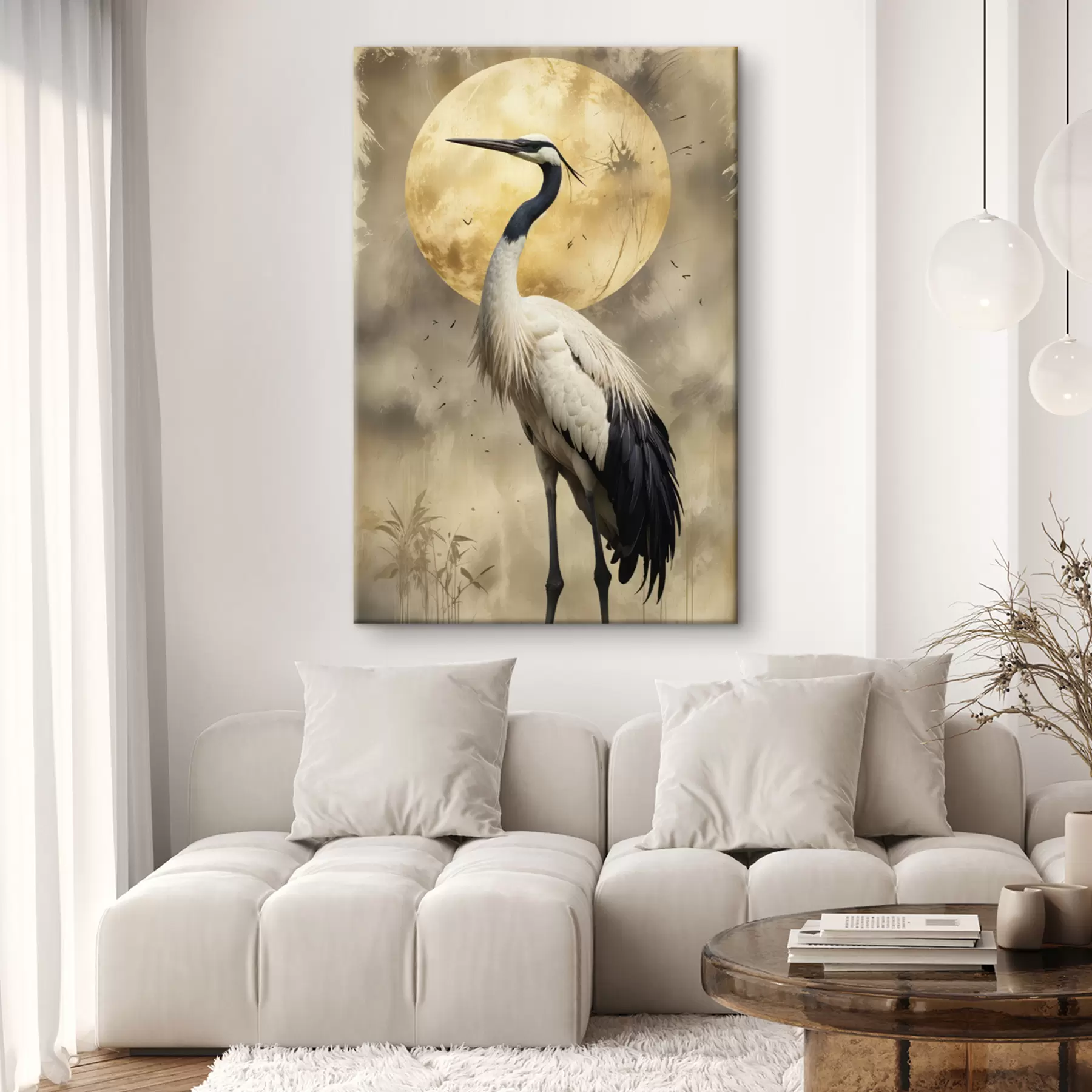wall murals A majestic grey crane standing in front of a large full moon, with a blurred natural background s40591