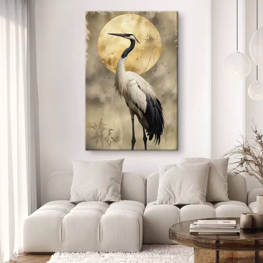 murales Una majestuosa grulla gris frente a una gran luna llena, con un fondo natural difuminado s40591