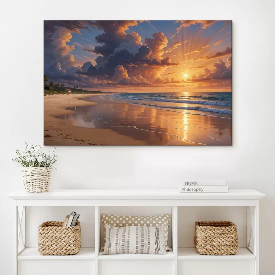 wall murals A dramatic sunset over a tropical beach, with vibrant orange and pink clouds reflected in the calm waters s40599