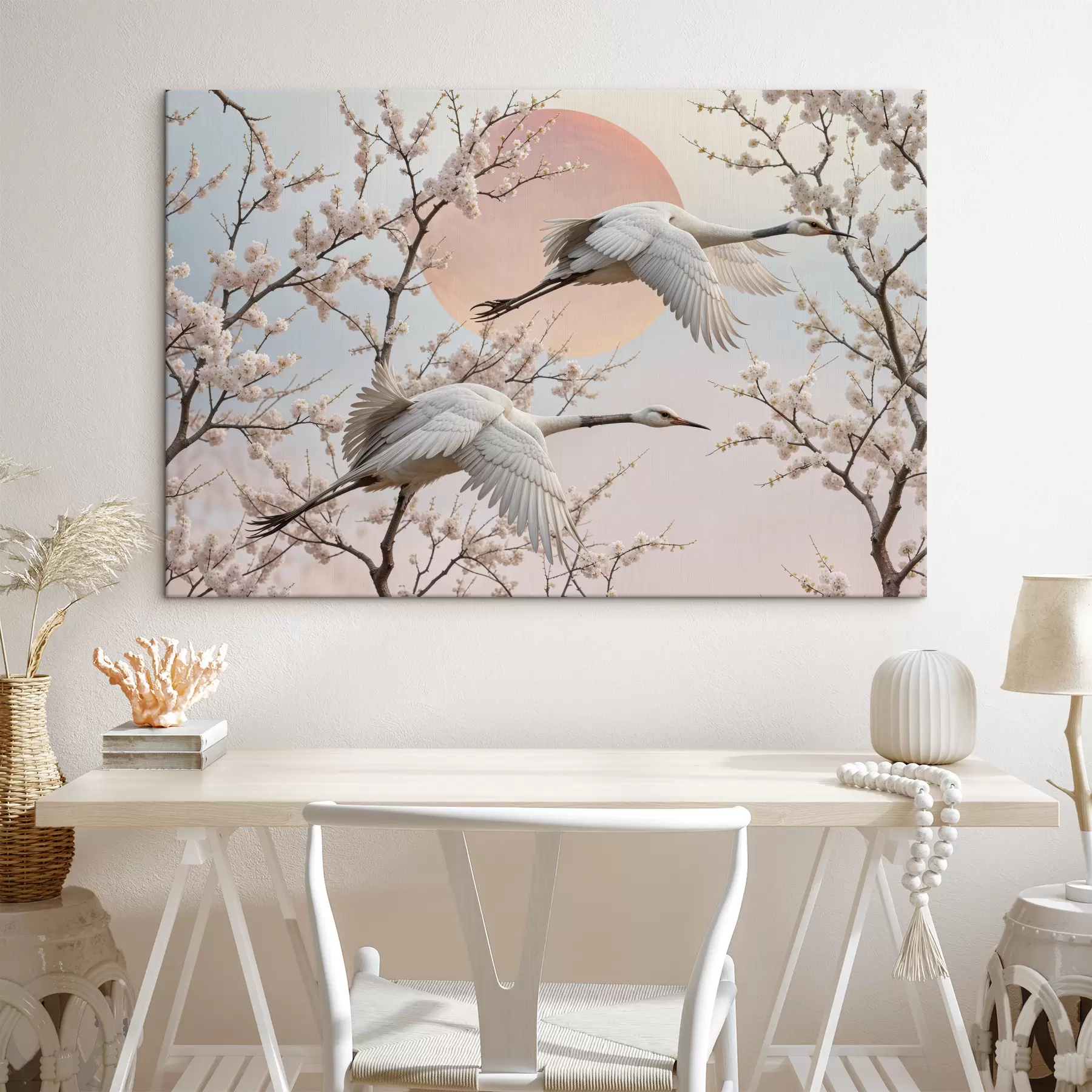 wall murals Two white cranes flying among the blooming cherry blossom trees against a pink sunset sky s40601