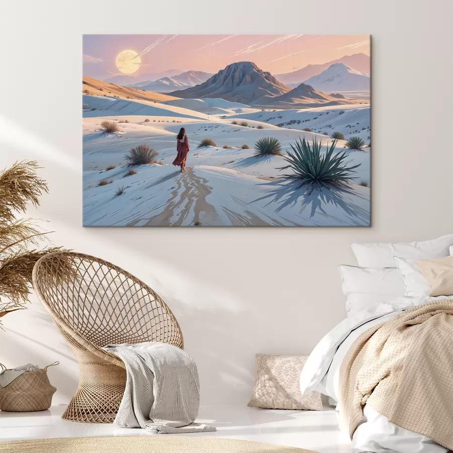 wall murals A woman in a red dress in a desert landscape with a mountain in the background and sand dunes  s40603