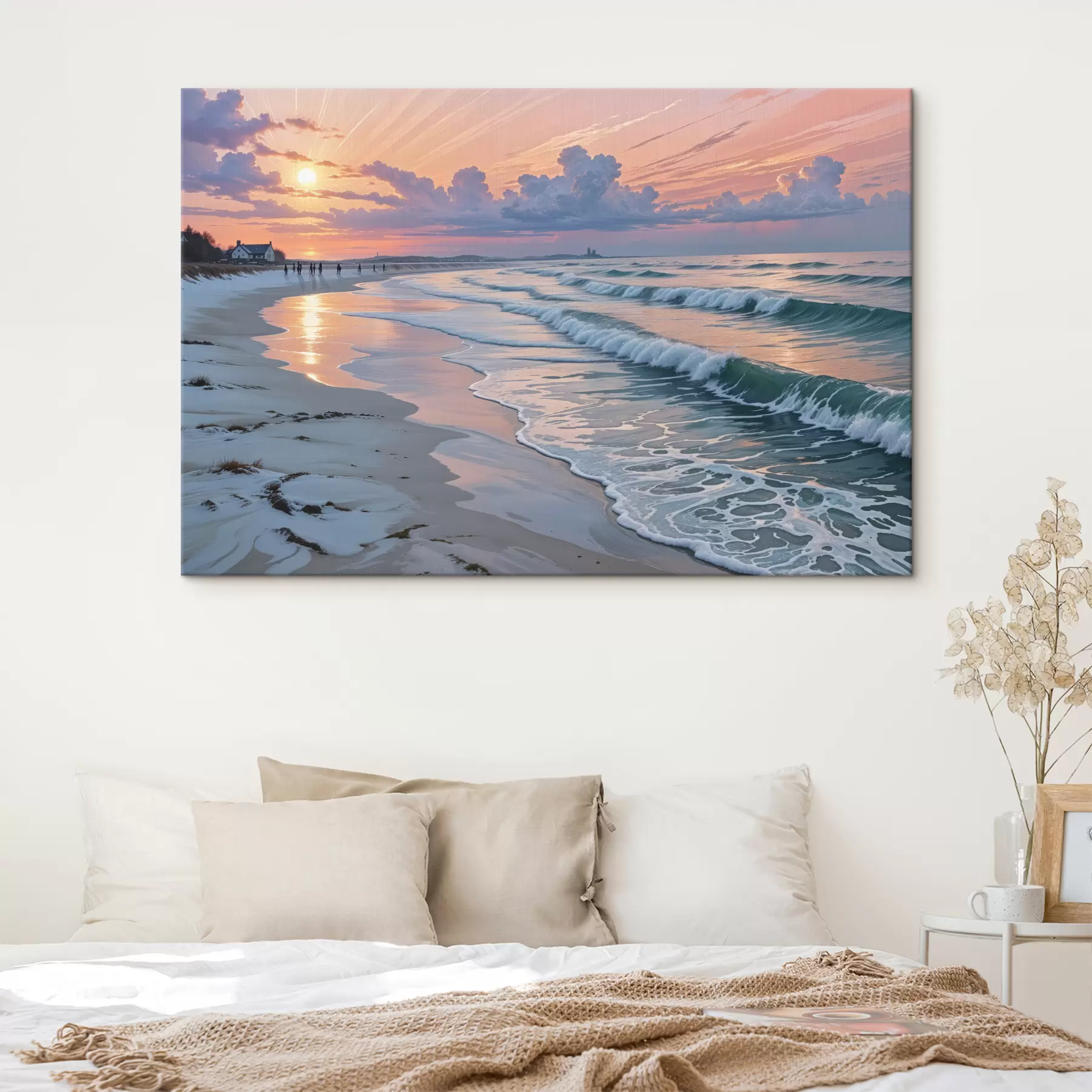 murales Una serena escena playera al atardecer, con suaves olas rompiendo contra la arena de la orilla s40606