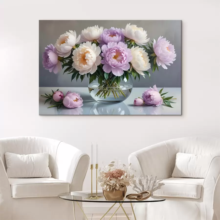 wall murals A bouquet of large, lush white and pink peony flowers in a glass vase on a gray background s40610