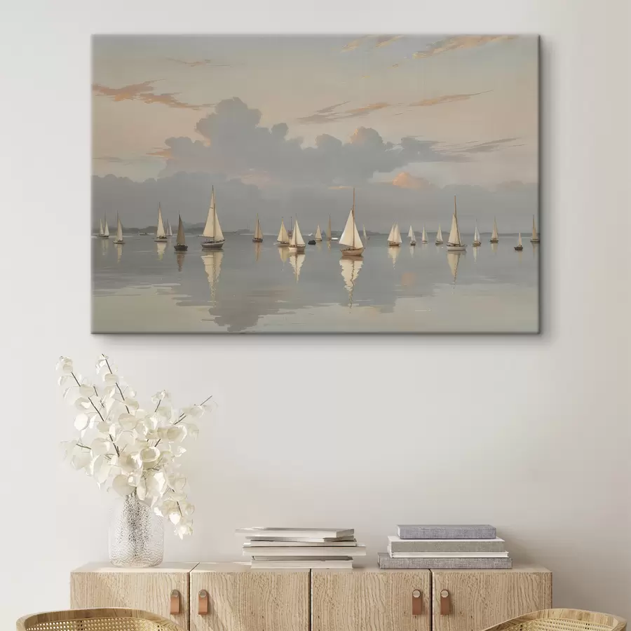 murales Una flota de veleros blancos en una masa de agua tranquila y reflectante al atardecer, con un cielo nublado de fondo s40615