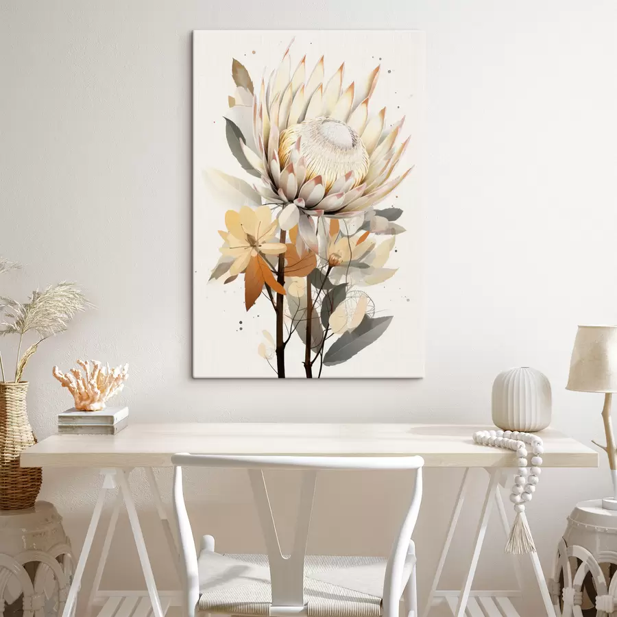 wall murals Beautiful protea flowers with lush leaves, soft beige colors, cotton s40817