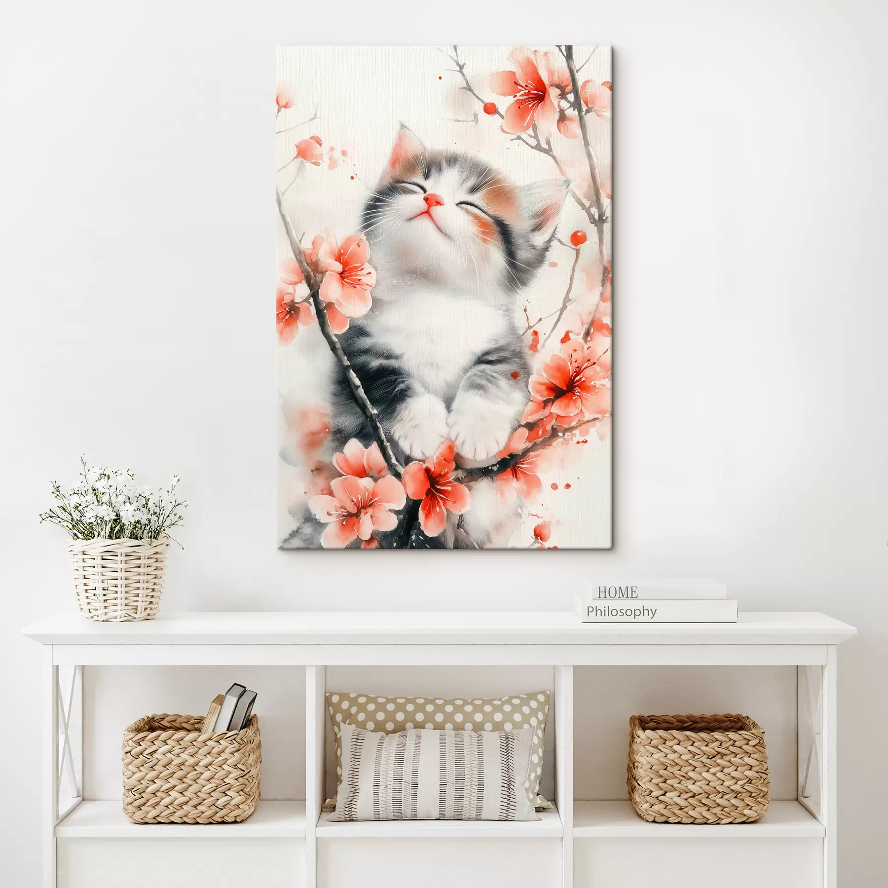 murales Lindo gatito en una rama con flores s40734