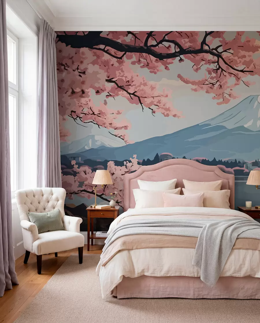 Wall Mural Photo Wallpaper Sakura, mountains, watercolour w01664