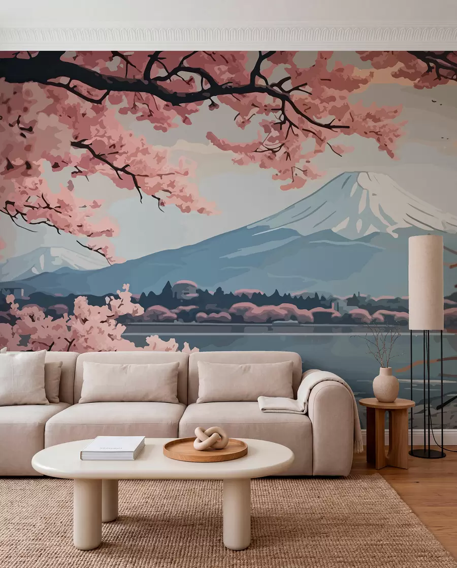 Wall Mural Photo Wallpaper Sakura, mountains, watercolour w01664