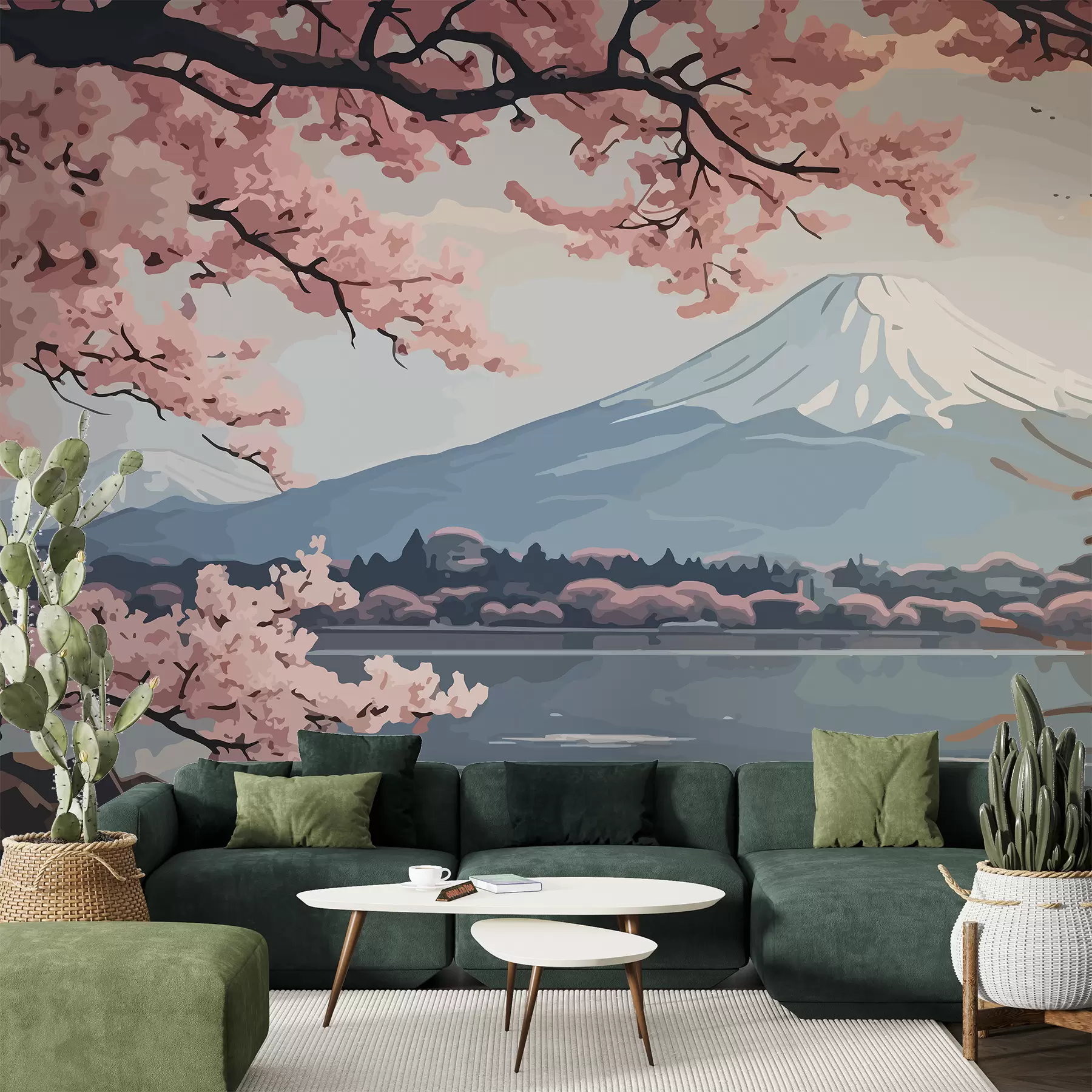 Wall Mural Photo Wallpaper Sakura, mountains, watercolour w01664
