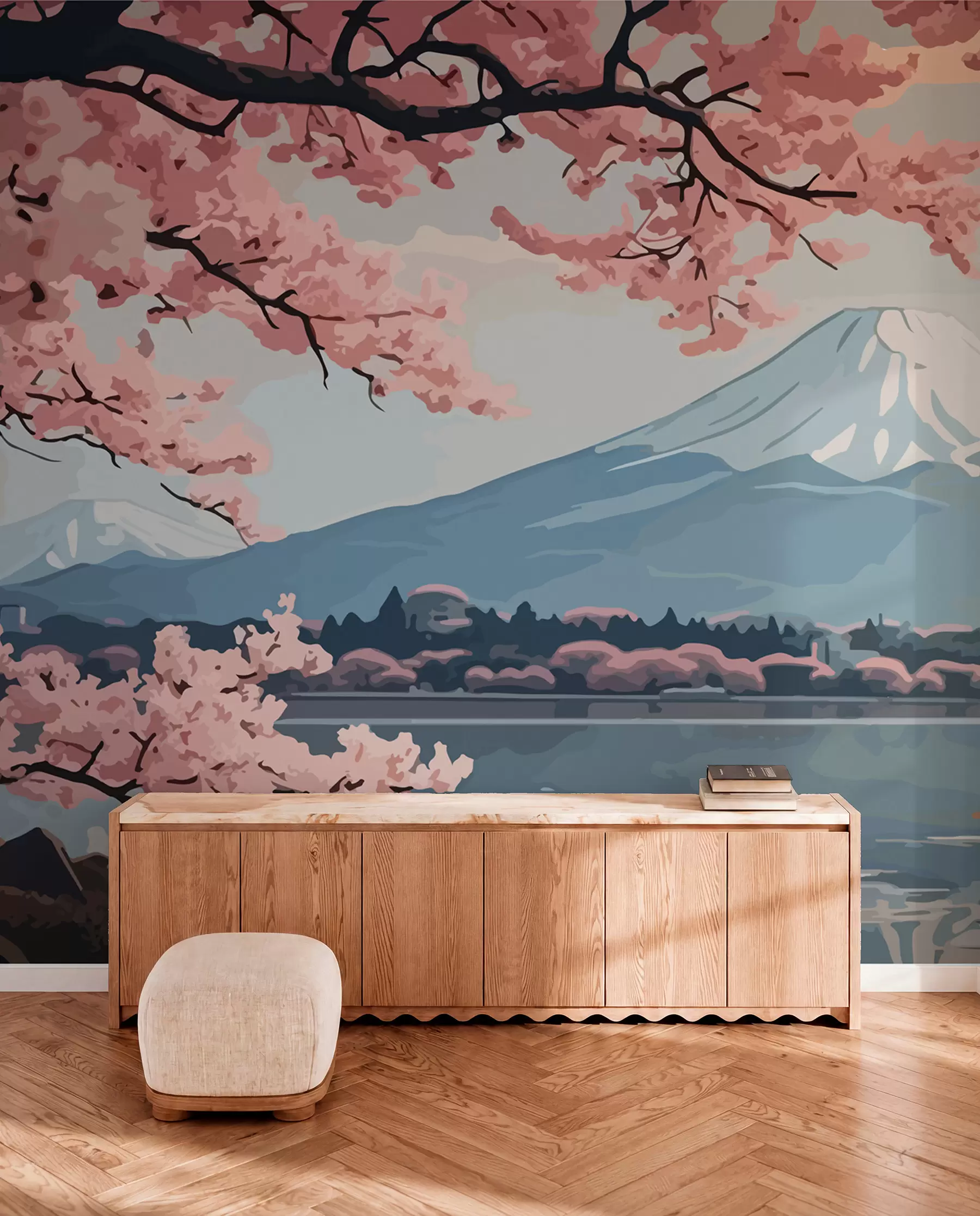 peintures murales Sakura, montagnes, aquarelle w01664