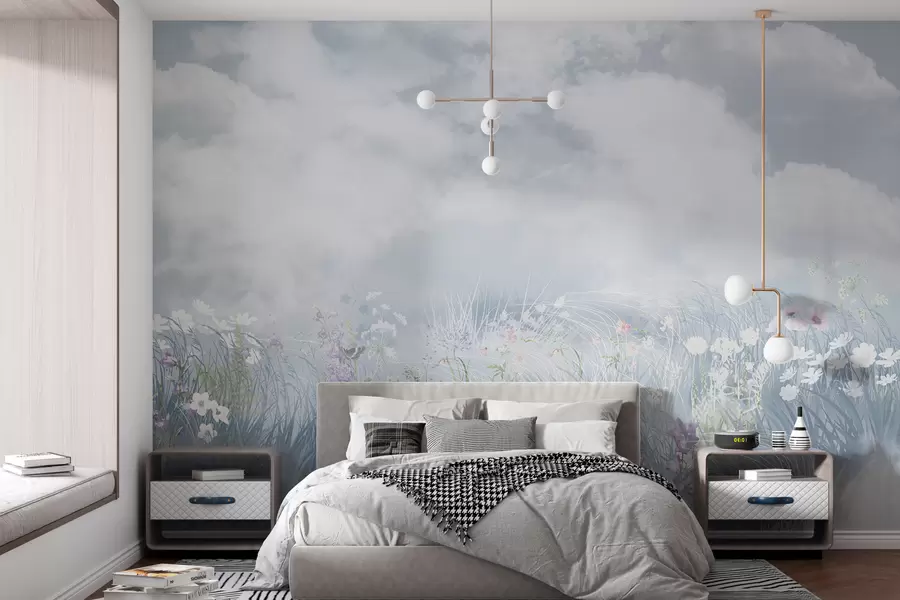 Wall Mural Photo Wallpaper Wildflowers and grasses with balkan sky and clouds w01624