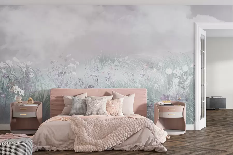 Wall Mural Photo Wallpaper Wildflowers and grasses with pinkish sky and clouds w01624v1