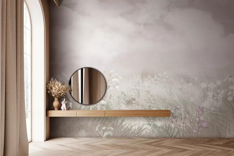 murales Flores silvestres y hierbas con cielo y nubes rosa pálido w01624v4