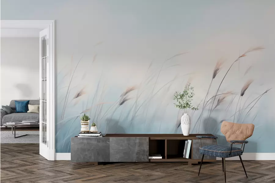 Wall Mural Photo Wallpaper Delicate field grasses on a blue background w01643