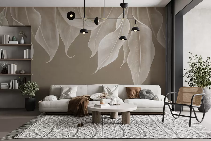 Wall Mural Photo Wallpaper hanging large leaves in beige color w01680